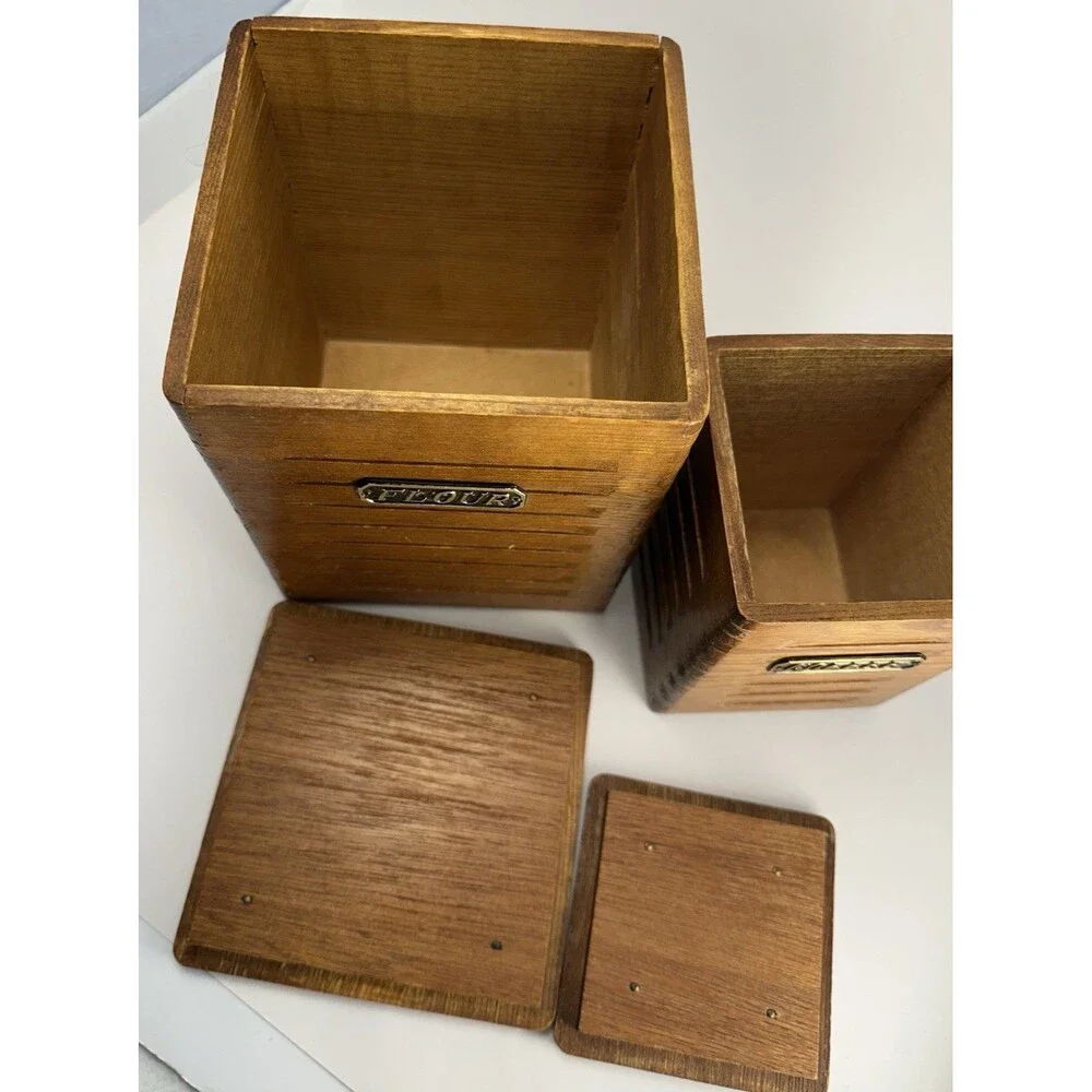 Vintage Wooden Flour & Coffee Canister Set of 2 Mid Century Modern Kitchen